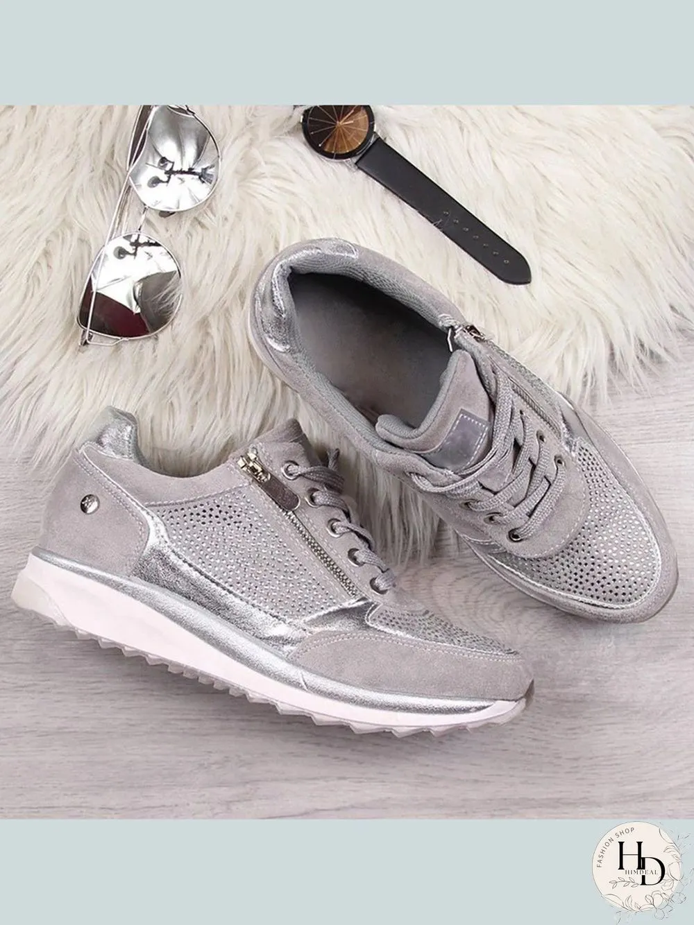 Diamond Panel Zip Lace-Up Casual Shock Absorbing Sneakers