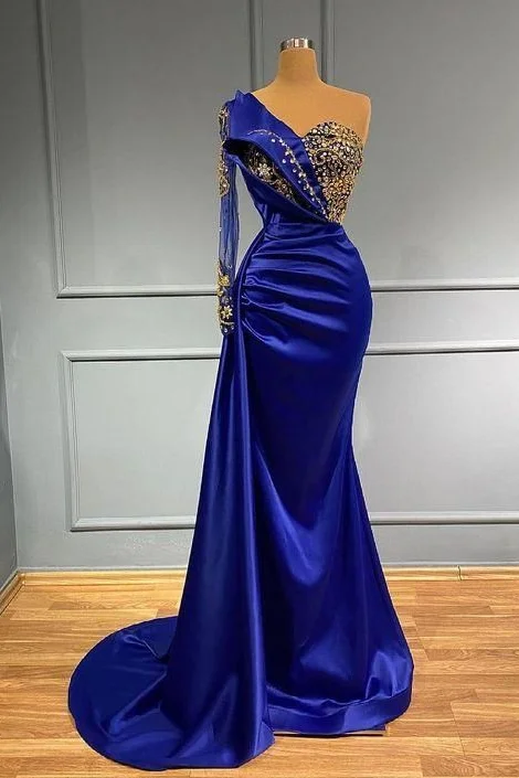 Dark Blue One Shoulder Long Sleeve Mermaid Prom Dress With beads PD0630