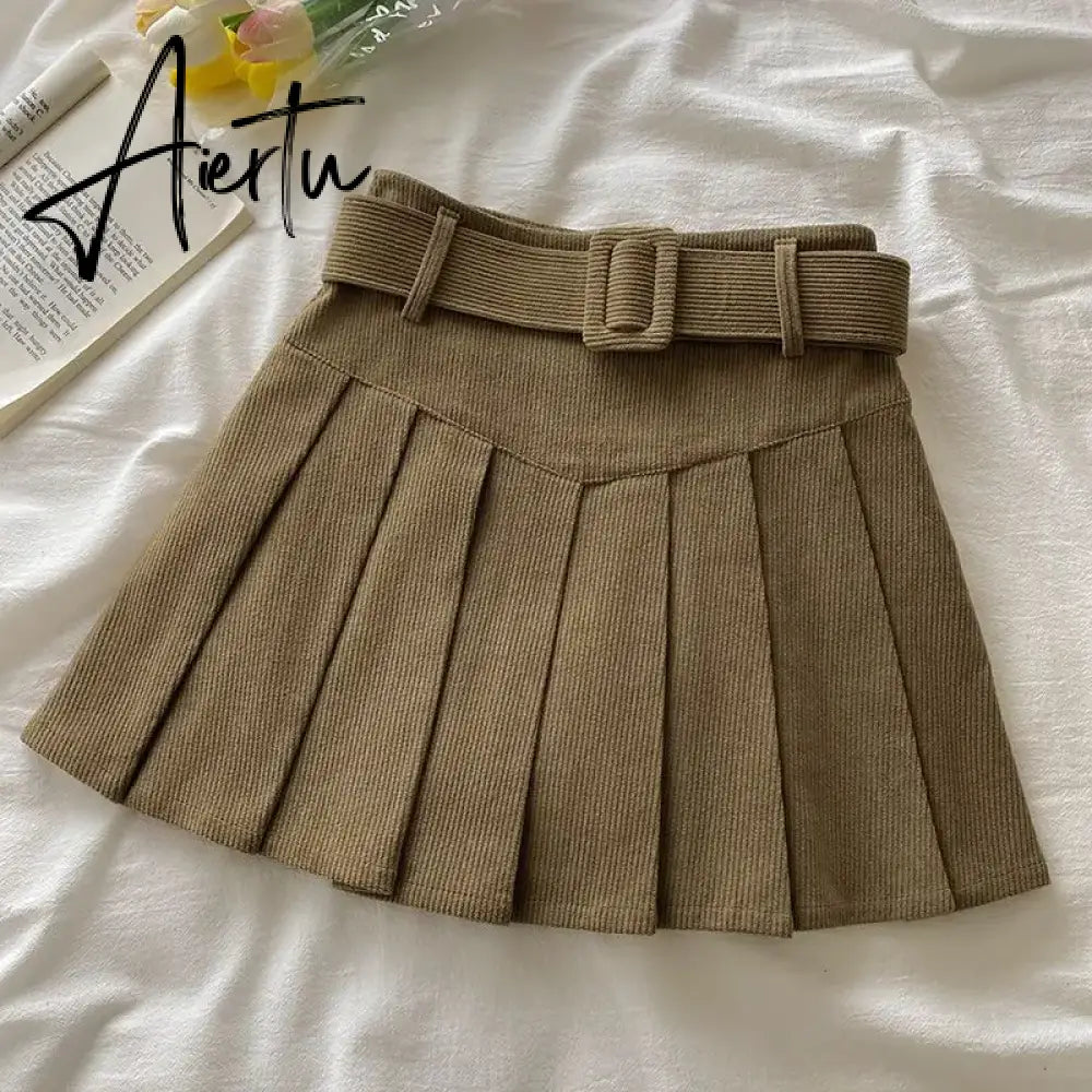 Pleated Mini Skirts Women Japan Students Corduroy Preppy Style Autumn Winter Basic Solid Bottoms Chic Vintage JK Slim All-match Aiertu
