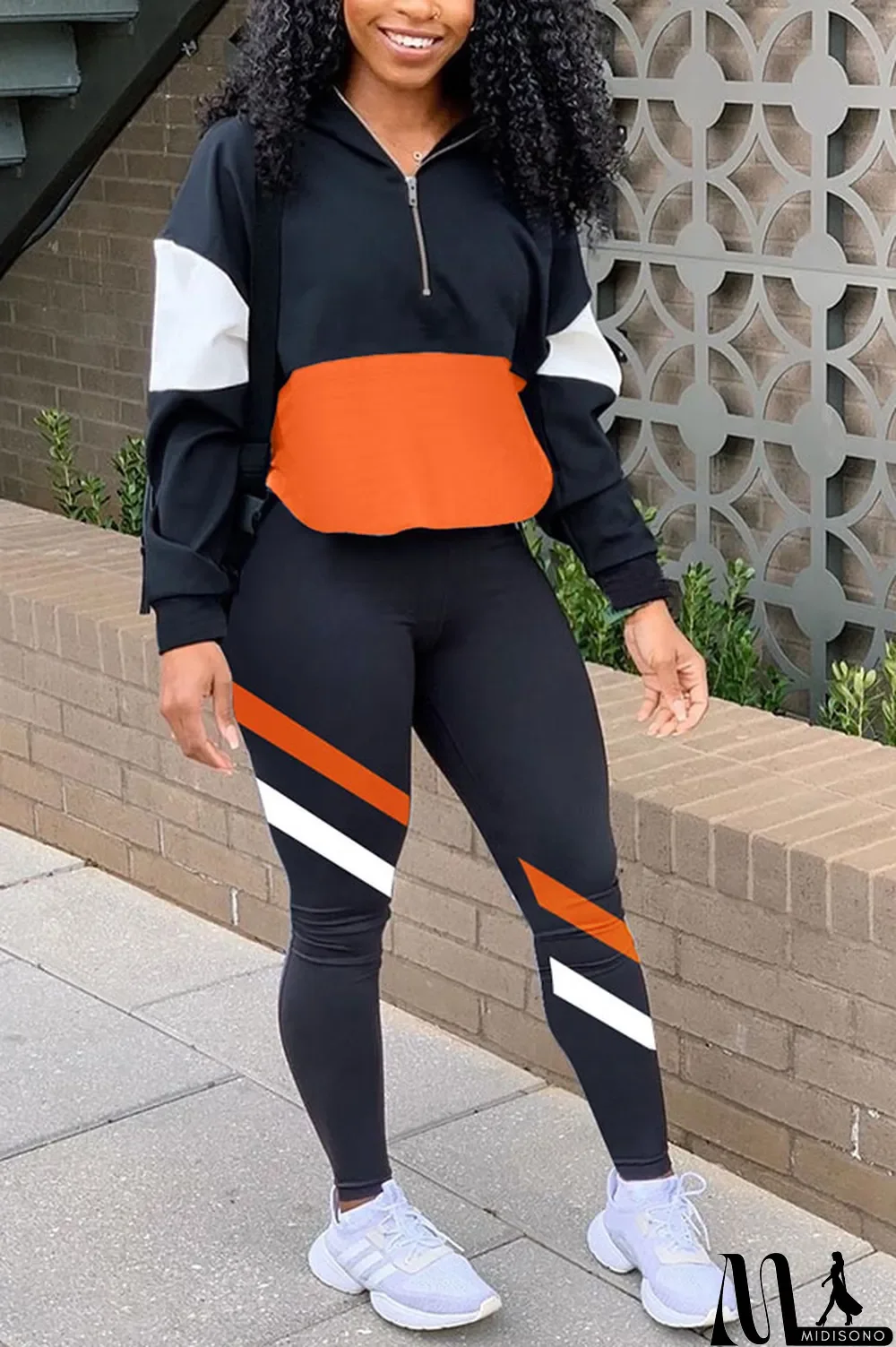 MidiSono - Fluorescent green Casual Striped Print Zippered Split Joint Mandarin Collar Long Sleeve Two Pieces