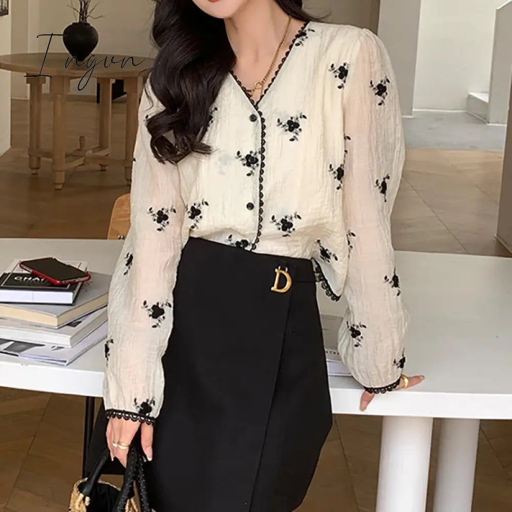 Ingvn - Printed Shirt For Women Spring 2023 New Long Sleeve V Neck Vintage Elegant Blouse Fashion