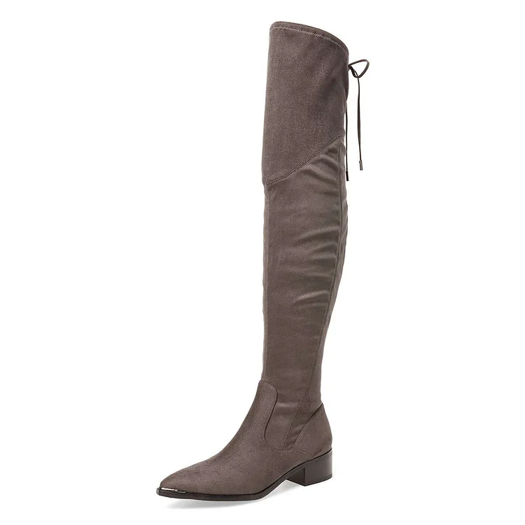 Women's Vegan Suede Brown Chunky Heel Boots Pointy Toe Thigh-high Boots |FSJ Shoes