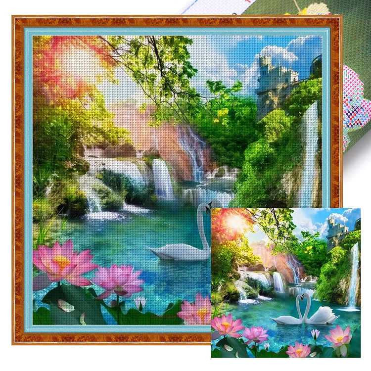 【Huacan Brand】Water Lotus And Swan 11CT Stamped Cross Stitch 50*50CM