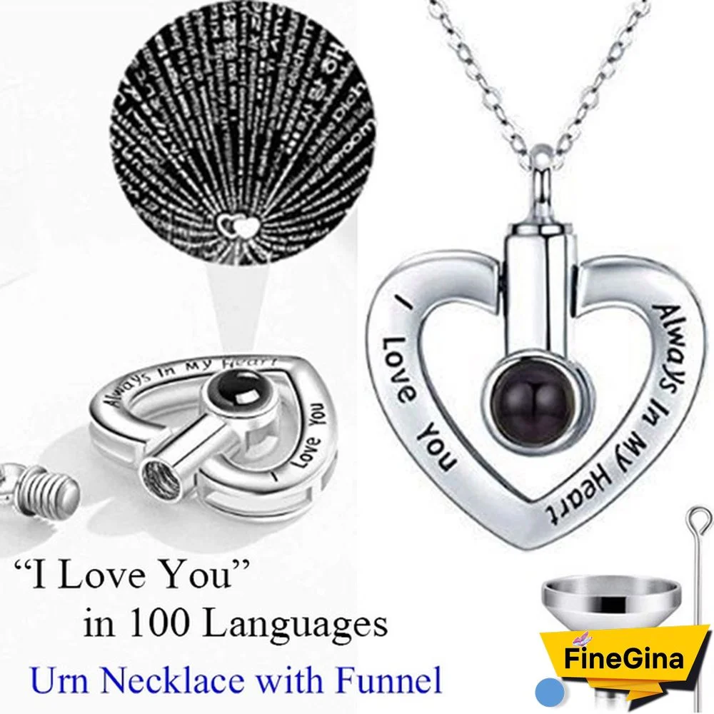 Projection 100 Languages I Love You Pendant Titanium Steel Funeral Cremation Pendant Keepsake Heart Urn Necklace For Ashes Memorial Jewelry Mementos With Funnel Kit