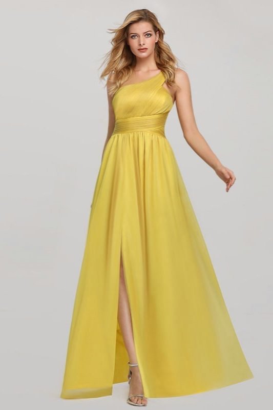 one shoulder yellow long prom dress