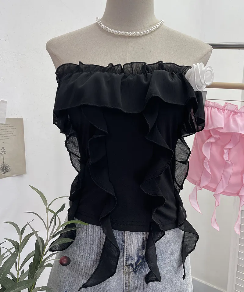 Churchf Real Shooting Pure Wind Lotus Leaf Side With A Word Shoulder Bra Small Vest Short Three-Dimensional Flowers Sleeveless Top 8856