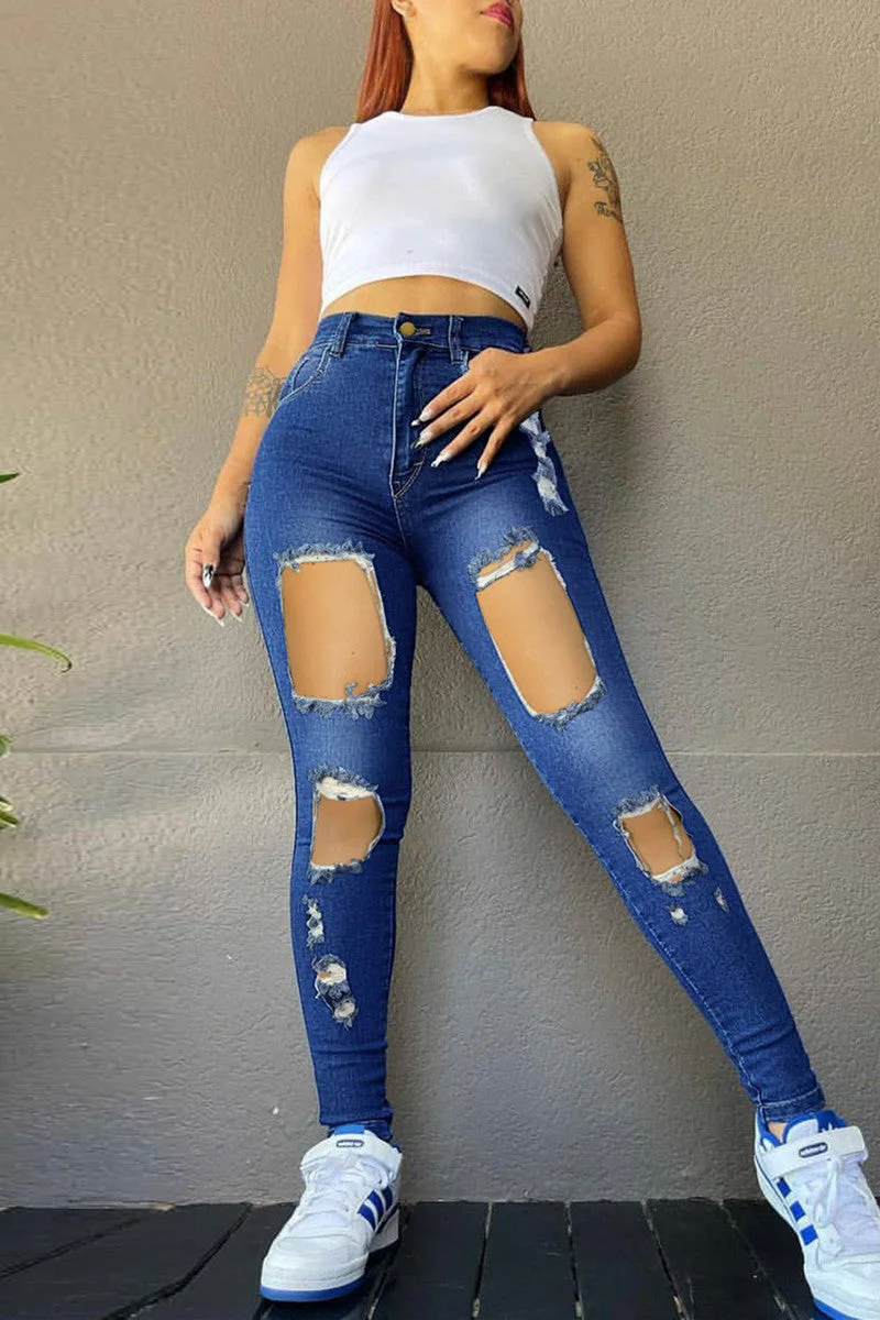 Fashion Casual Hot Drilling Ripped High Waist Skinny Denim Jeans