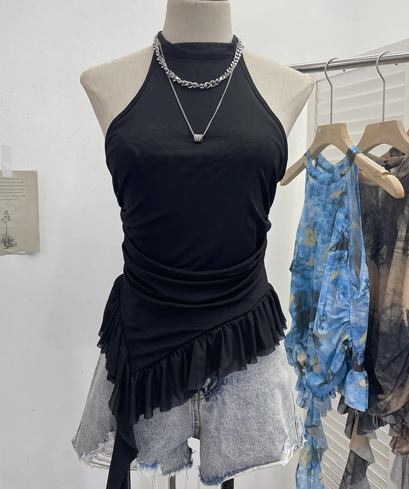 Uveng Trend Irregular Hanging Neck Dyeing Net Yarn Vest Lotus Side Ribbon Short Sleeveless Top 9969