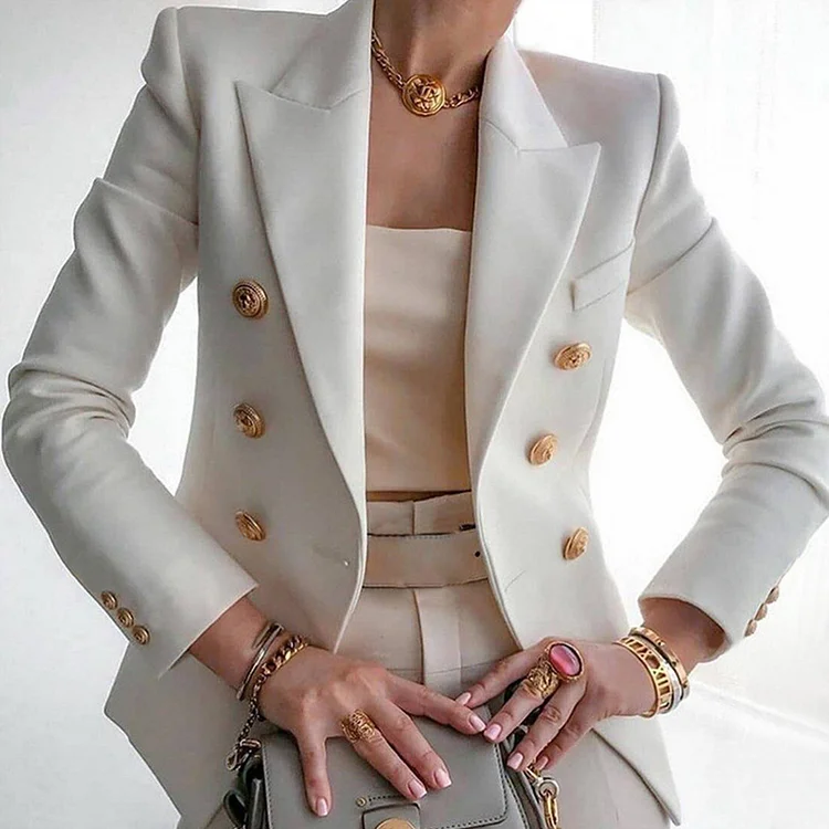 Formal Solid Double Breasted Long Sleeve Peaked Lapel Blazer