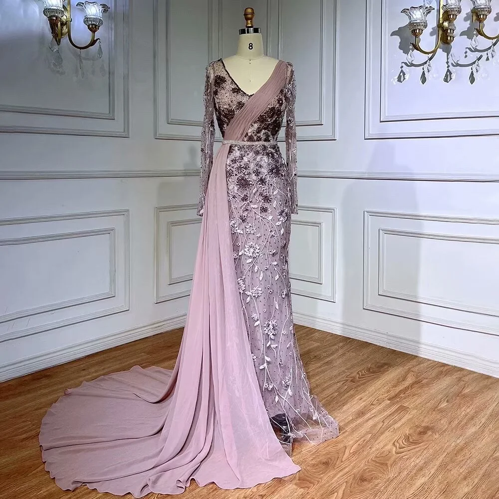 Lisliy Pink Long Sleeve Prom Dress with Chiffon Train Beaded Lace Printing 