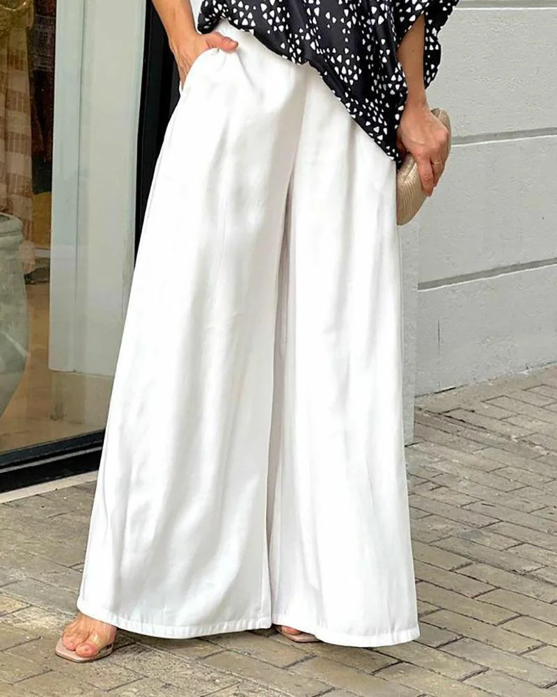 Two-piece set of casual printed sloping top & solid wide-leg pants