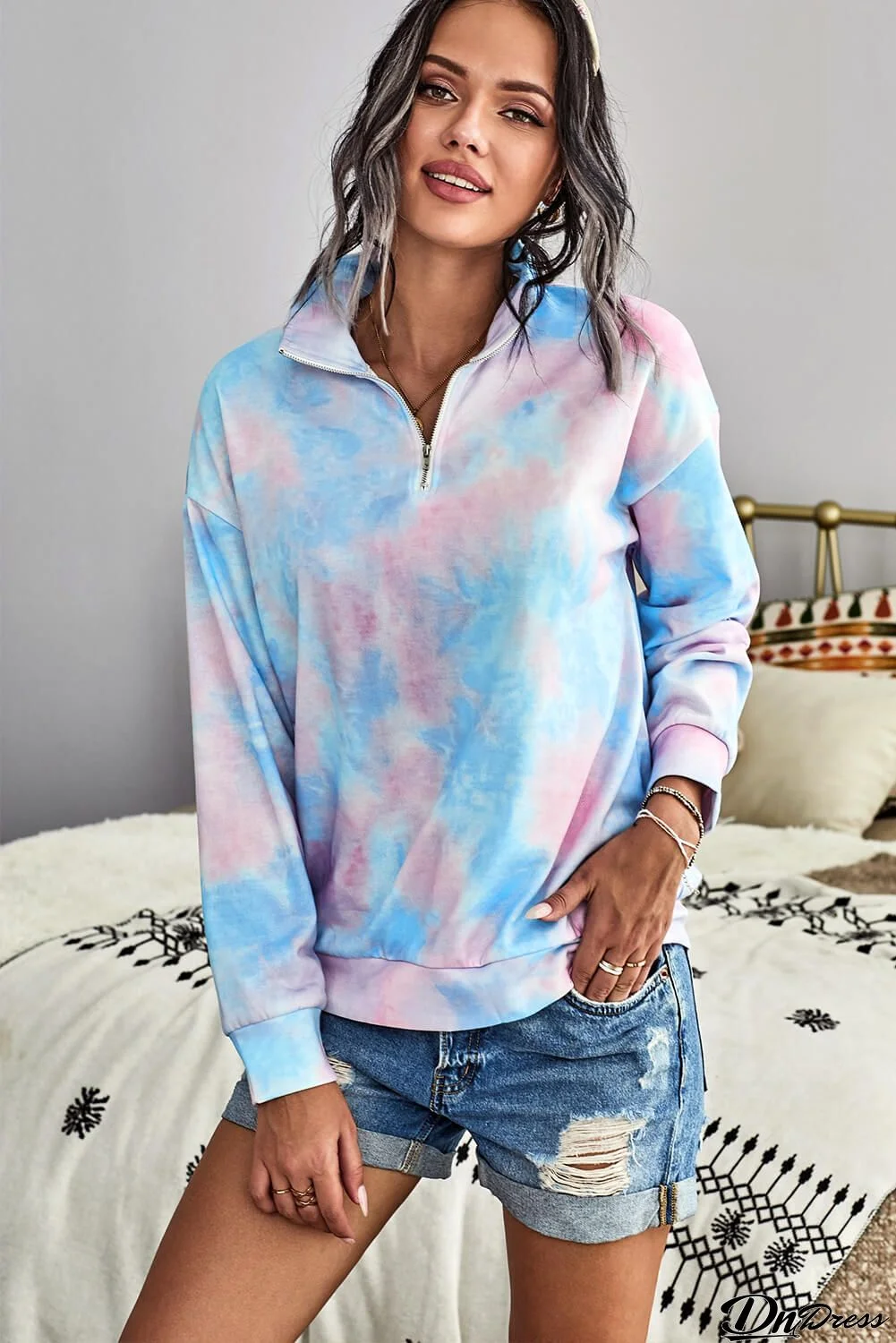Sky Blue Tie-dye Mock Neck Zip Cotton Sweatshirt