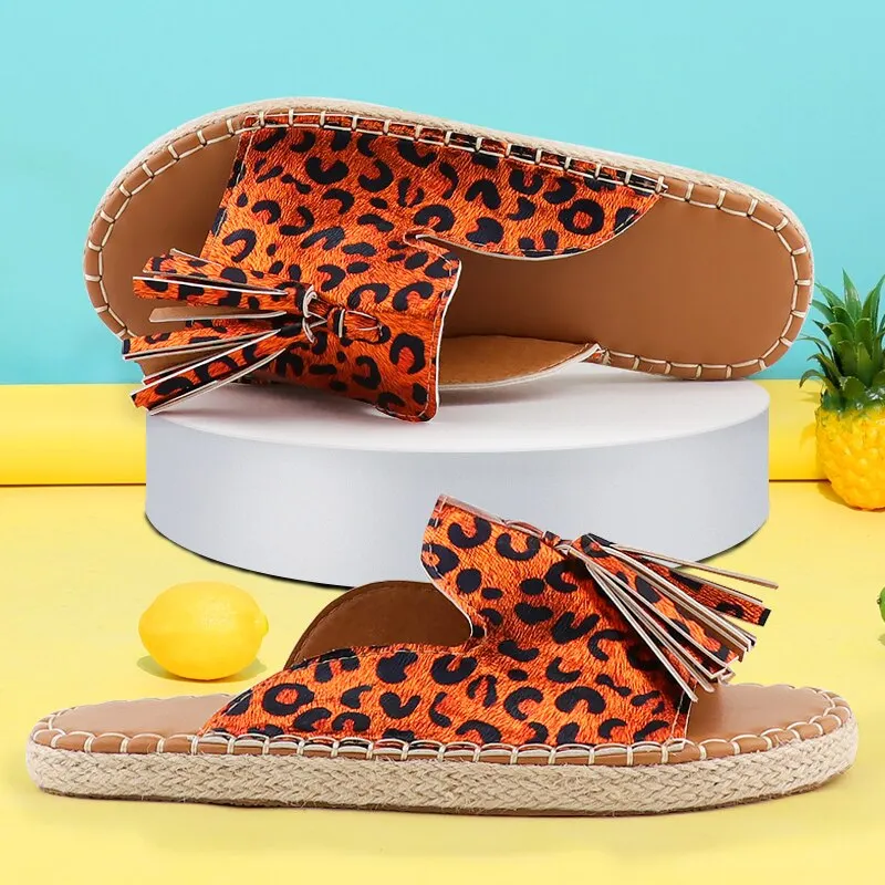 Flat Sandals women Fashion Fringe Designer Slides Summer shoes for Ladies Plus size 41 Female Handmade Shoes Holidays Leopard