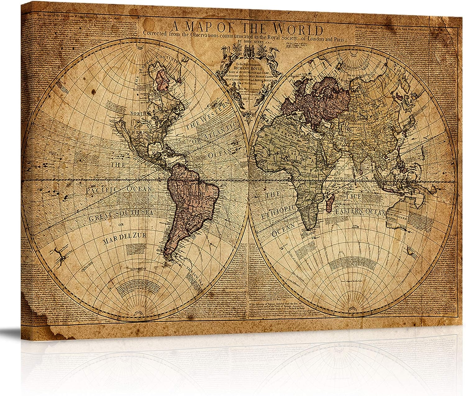 Sailground Canvas Wall Art Decor Map of The World Historical Manuscript Artwork Canvas Prints for Living Room Bedroom Kitchen Office Stretched & Framed Ready to Hang (24 inch  x 36 inch ) 24&#034; x 36&#034;