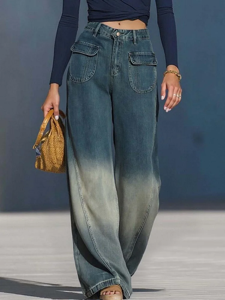 【24-hour shipping out】Casual Fashion Gradient Washed Denim Blue Gray Loose Pants