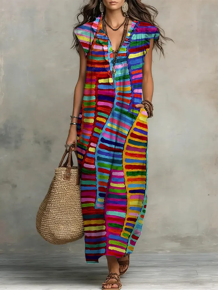 Retro Abstract Colorful Striped Cotton-linen Ruffled Dress