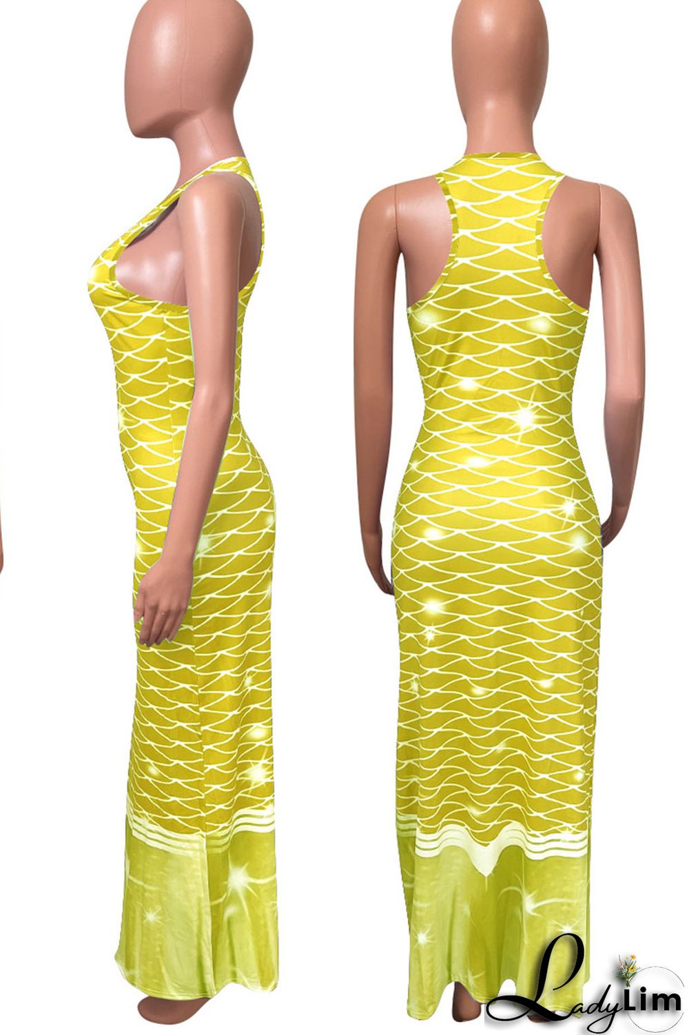 Tangerine Red Casual Print Split Joint U Neck Vest Dress Dresses