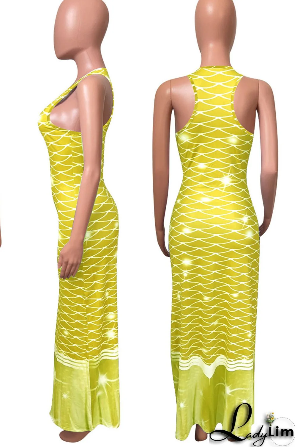 Tangerine Red Casual Print Split Joint U Neck Vest Dress Dresses