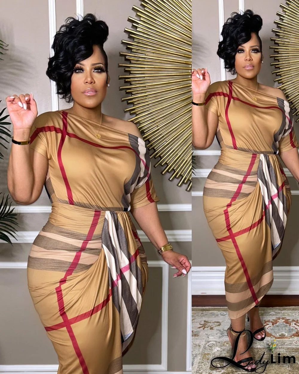 Color Block Striped Plaid Slit Sexy Off Shoulder Short Sleeve Dress