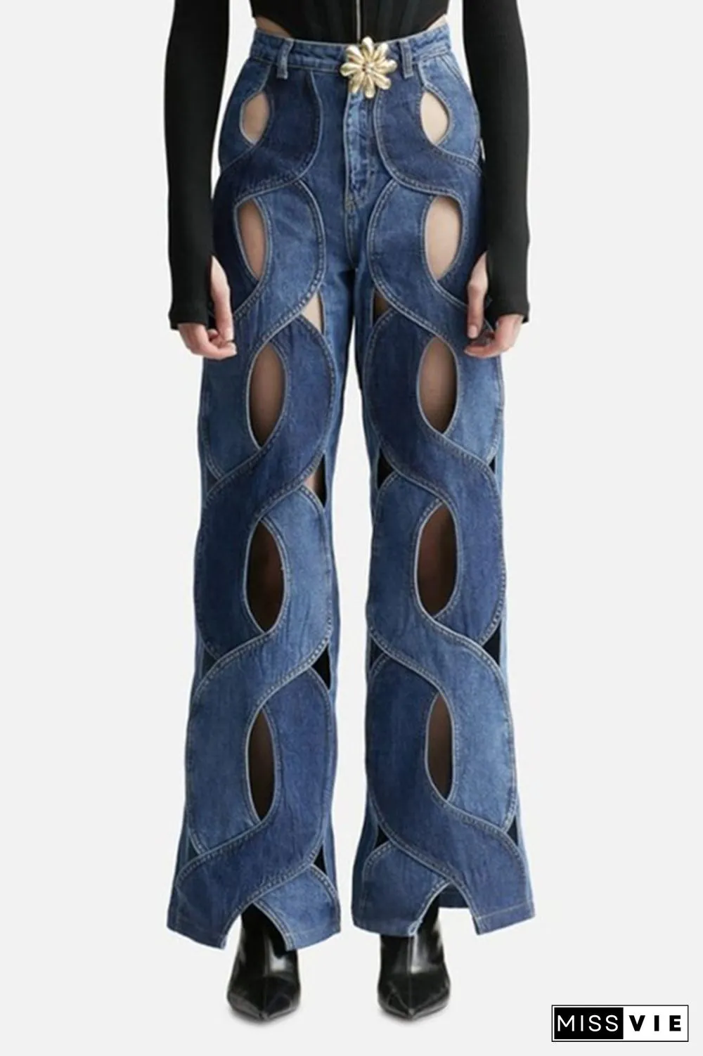 Street Solid Hollowed Out High Waist Straight Denim Jeans