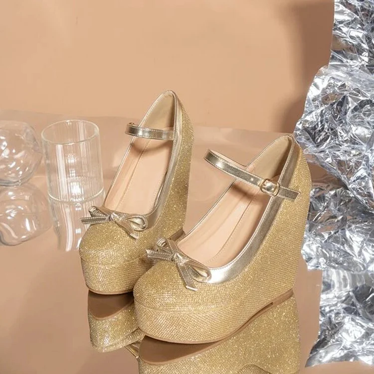 Gold Ankle Strap Wedge Heels Round Toe Glitter Shoes Women's Bow Heel |FSJ Shoes