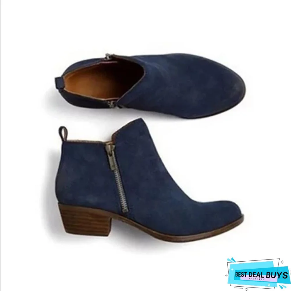 Women Side Zipper Round Toe Ankle Boots