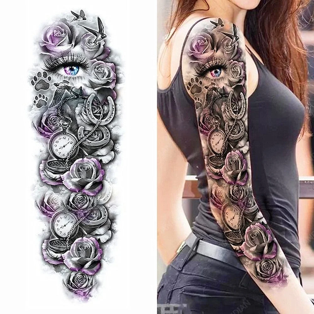 Large Arm Sleeve Tattoo Rose Lion Wolf Waterproof Temporary Tatto Sticker Flower Clock Waist Leg Body Art Full Fake Tatoo Women
