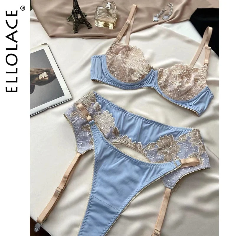 Ellolace Sexy Lingerie Lace Embroidery Erotic Underwear Set Underwire Push Up Bra Brief Sets with Garters Fancy Sensual Outfit