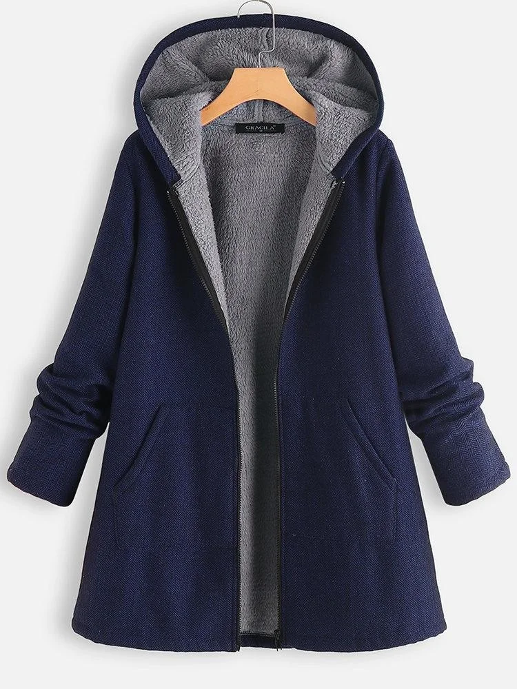 Solid Fleece Hooded Long Sleeve Thick Coat