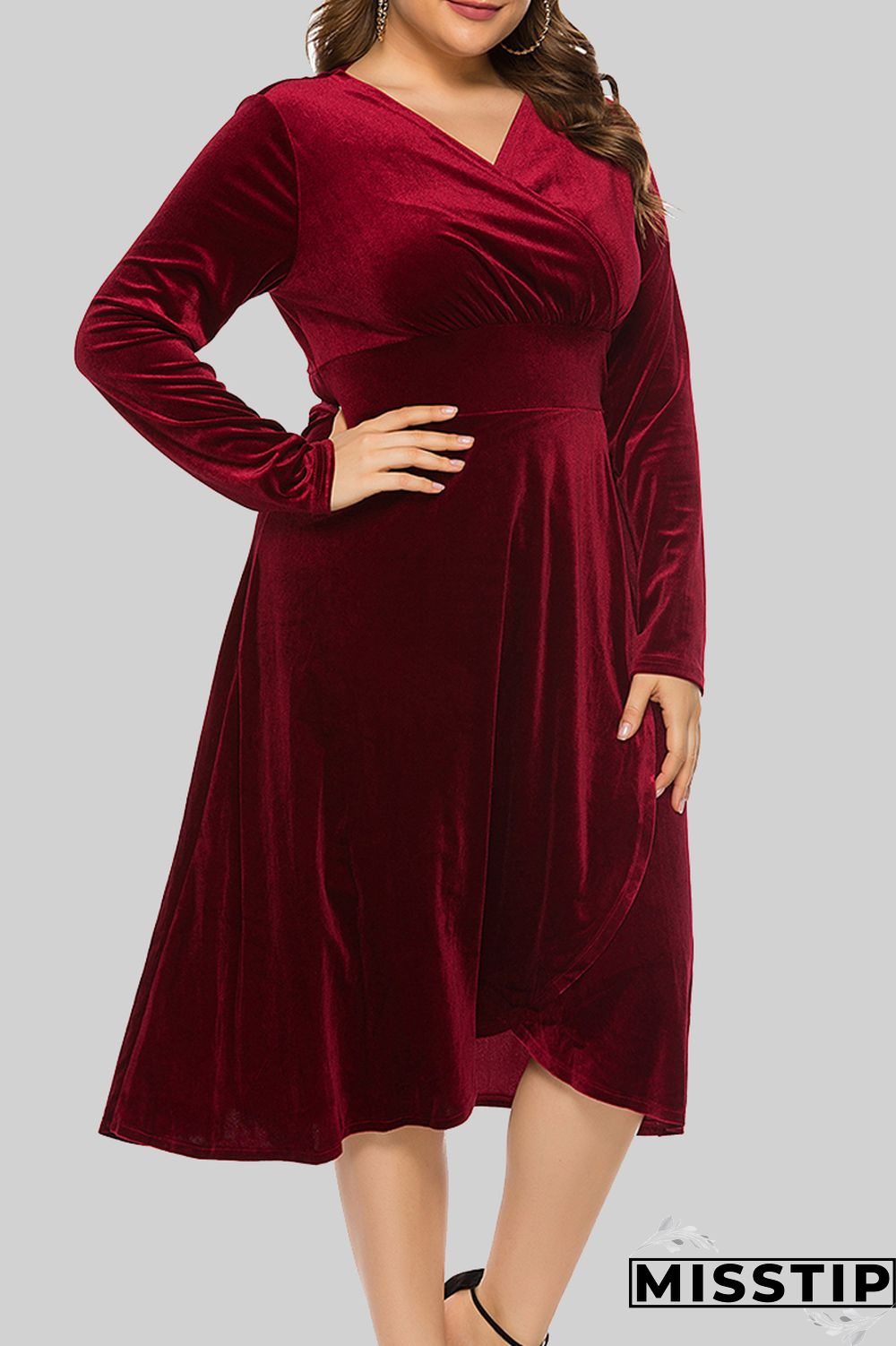 Burgundy Casual Solid Patchwork V Neck Long Sleeve Plus Size Dresses
