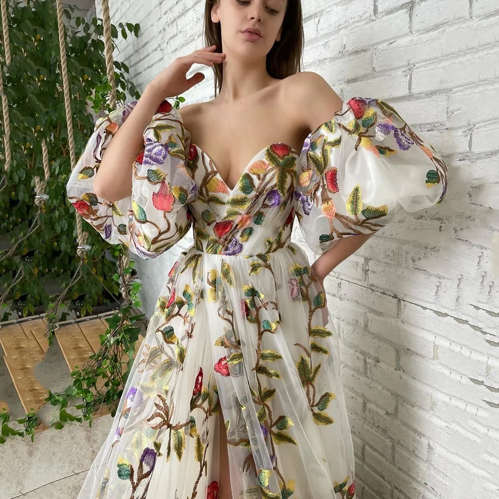 Brownm Brownm Spring And Summer New Women's Dress A Word Shoulder Open Fork Embroidery Temperament Mesh Dress