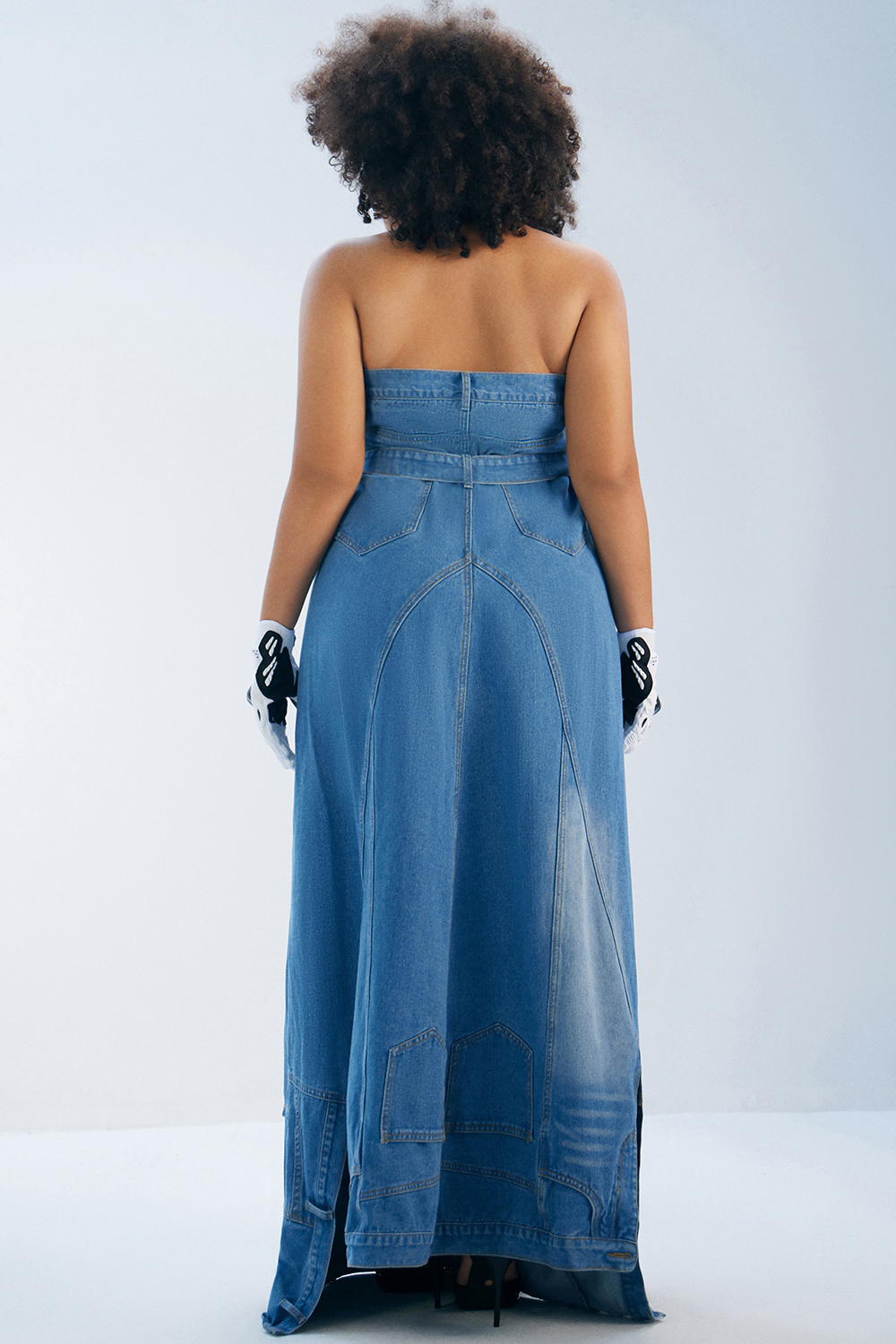 Design Plus Size Daily Maxi Dresses Blue Fall Winter Strapless Asymmetric Hem Denim Maxi Dresses [Pre-Order]
