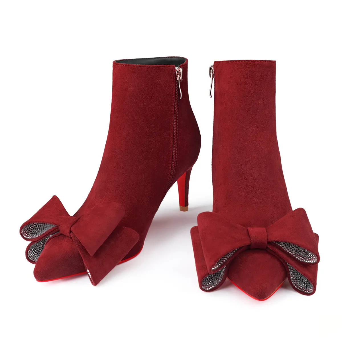60mm Women's Pointed Toe Bow Rhinestone Ankle Boots Kitten Heel Single Strap Red Bottom Suede Booties-vocosishoes