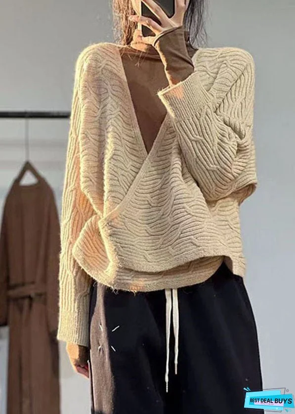 Women Beige V Neck Oversized Original Design Knit Sweater Winter