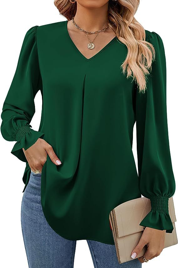Vurtigorasn Women's New Solid Color Chiffon Shirt V-neck Pullover Flared Long Sleeved Top Shirt Office Lady Elegant Khaki Loose Blouses