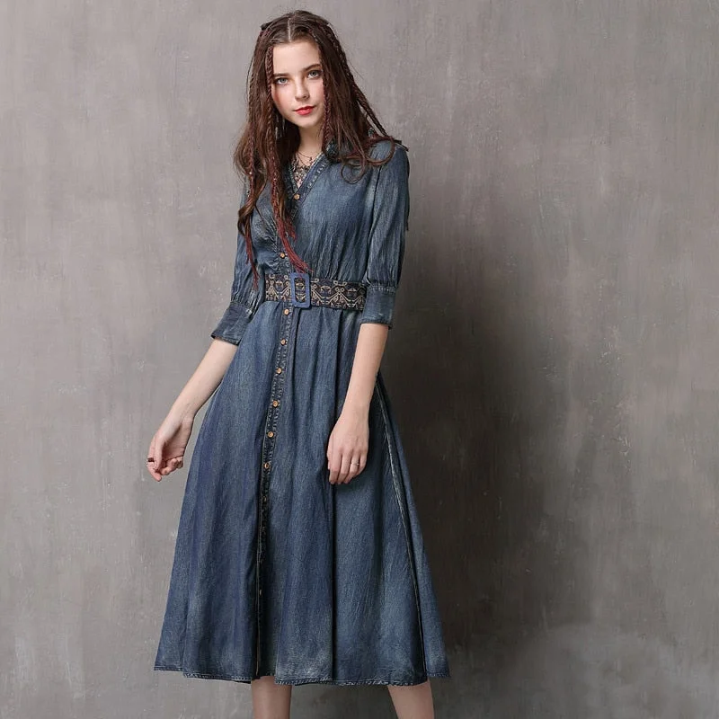 Spring&#39;s New Adult Women&#39;s Retro Dark Blue Jeanswear V-Neck Midsleeved Embroidery Belt Slimming Denim Dress