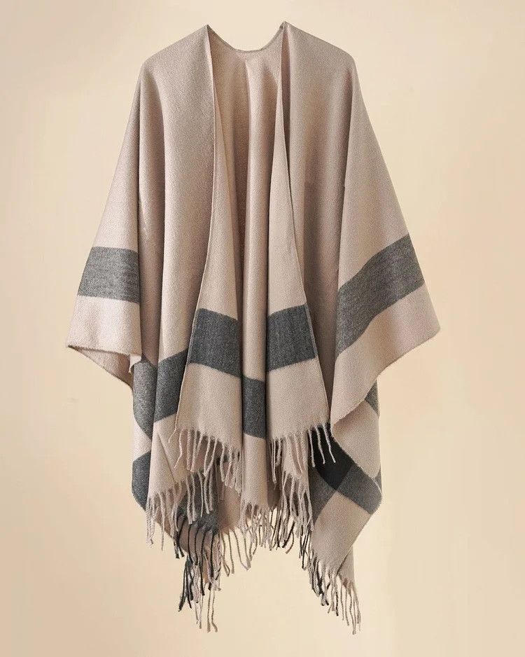 Women's Khaki Plaid Casual Cape Shawl 004