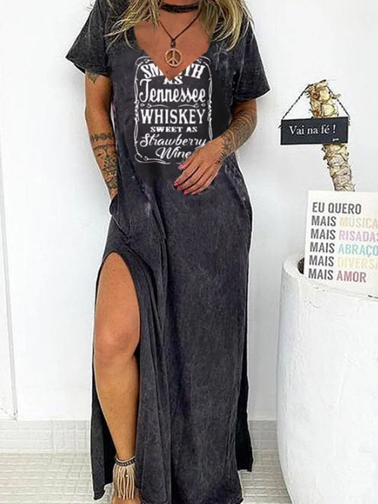 Skull V-neck short-sleeved split dress
