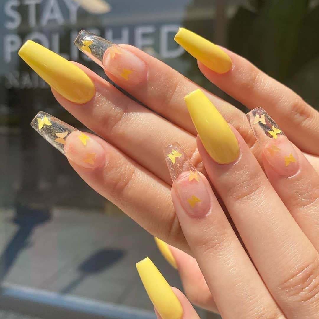 24Pcs/Box Long French False Nail Ballerina Fake Nails Yellow Butterfly Pattern Square Nail Decal False Nails Press On Nail Tips