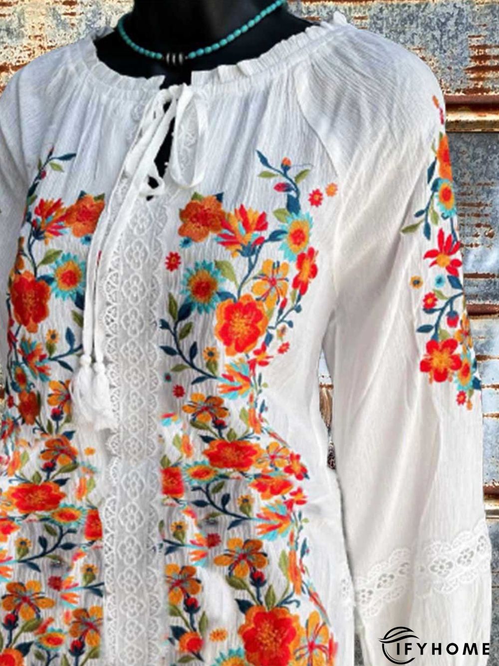 Floral Crew Neck Long Sleeve A-Line Weaving Dress | IFYHOME