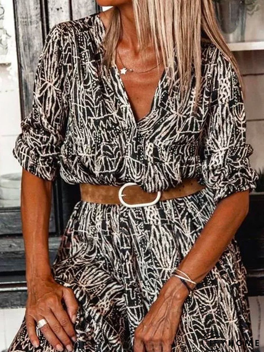 Casual V Neck Floral-Print Weaving Dress | IFYHOME