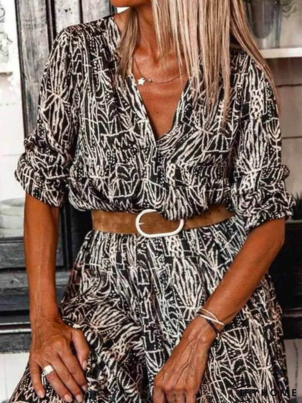 Casual V Neck Floral-Print Weaving Dress | IFYHOME