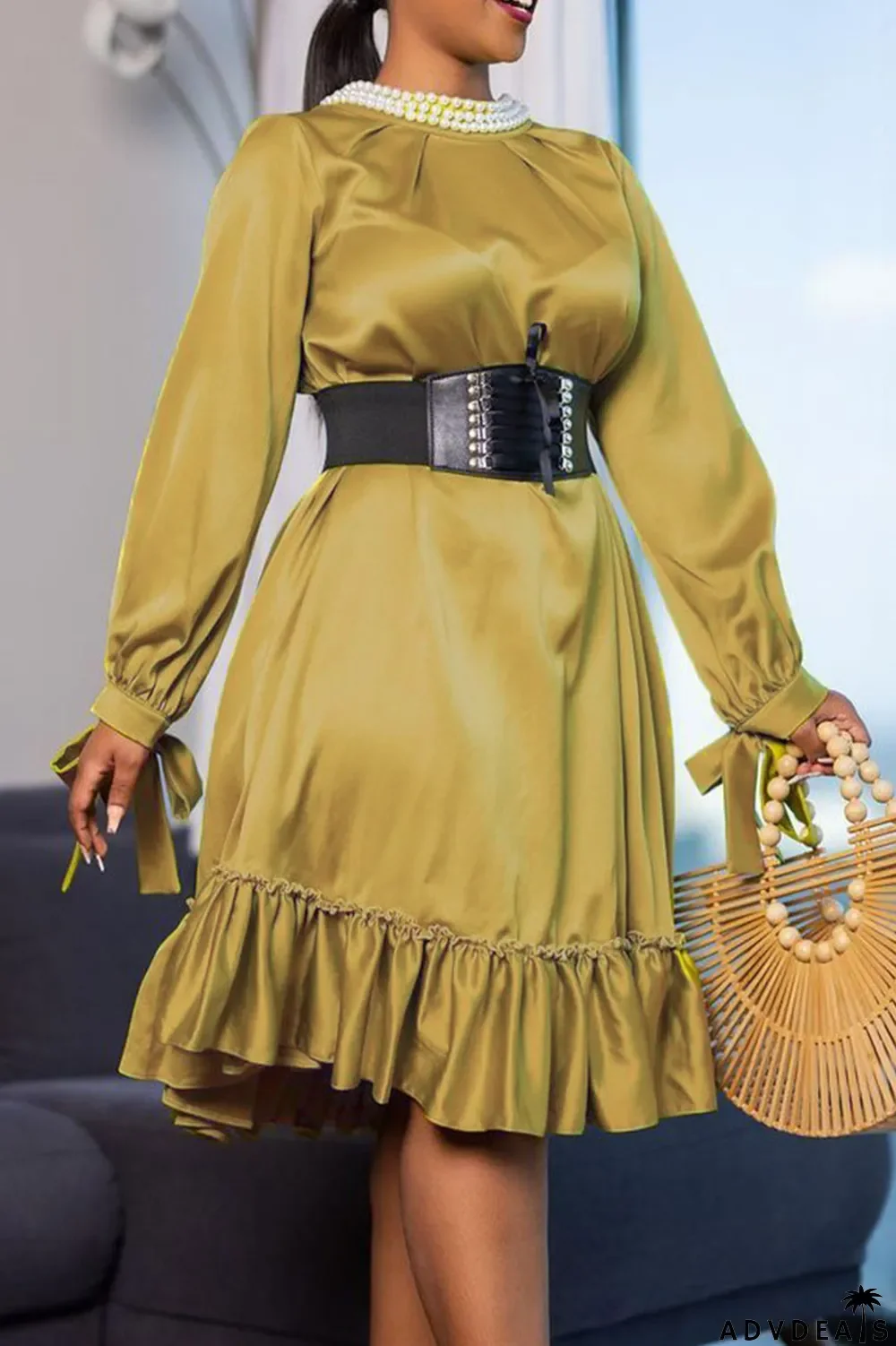 Rose Red Casual Elegant Solid Bandage Patchwork Flounce Beading With Belt O Neck A Line Dresses