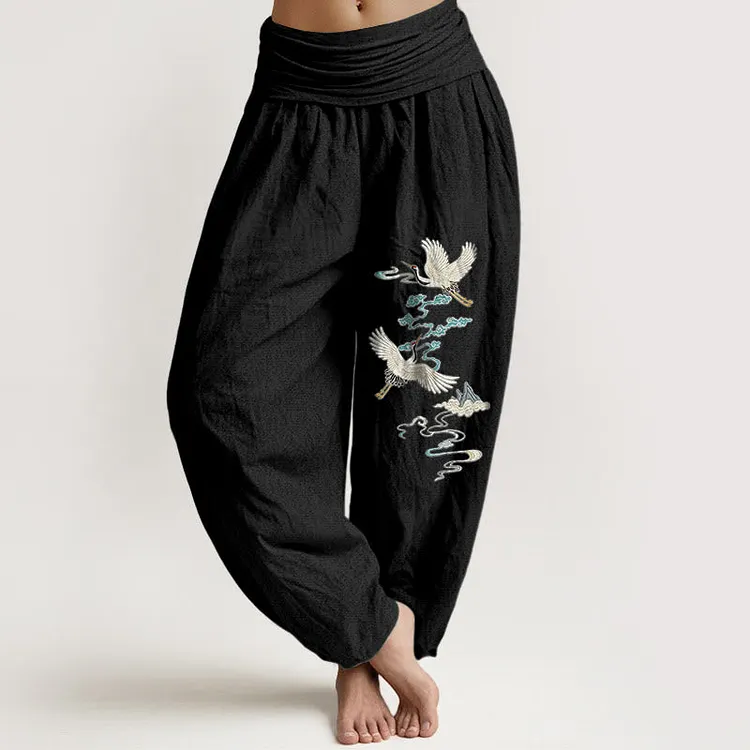 Cotton Elegant Crane Cloud Mountain Pattern Women's Elastic Waist Harem Pants