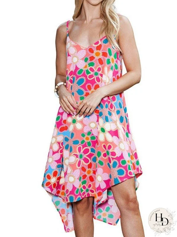 Women'S Pink Floral Print Irregular Suspender Dress