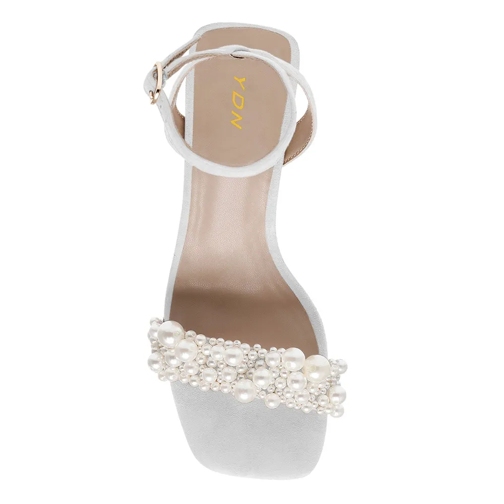 White Vegan Suede Open Toe Ankle Strap Wedding Heels with Pearls