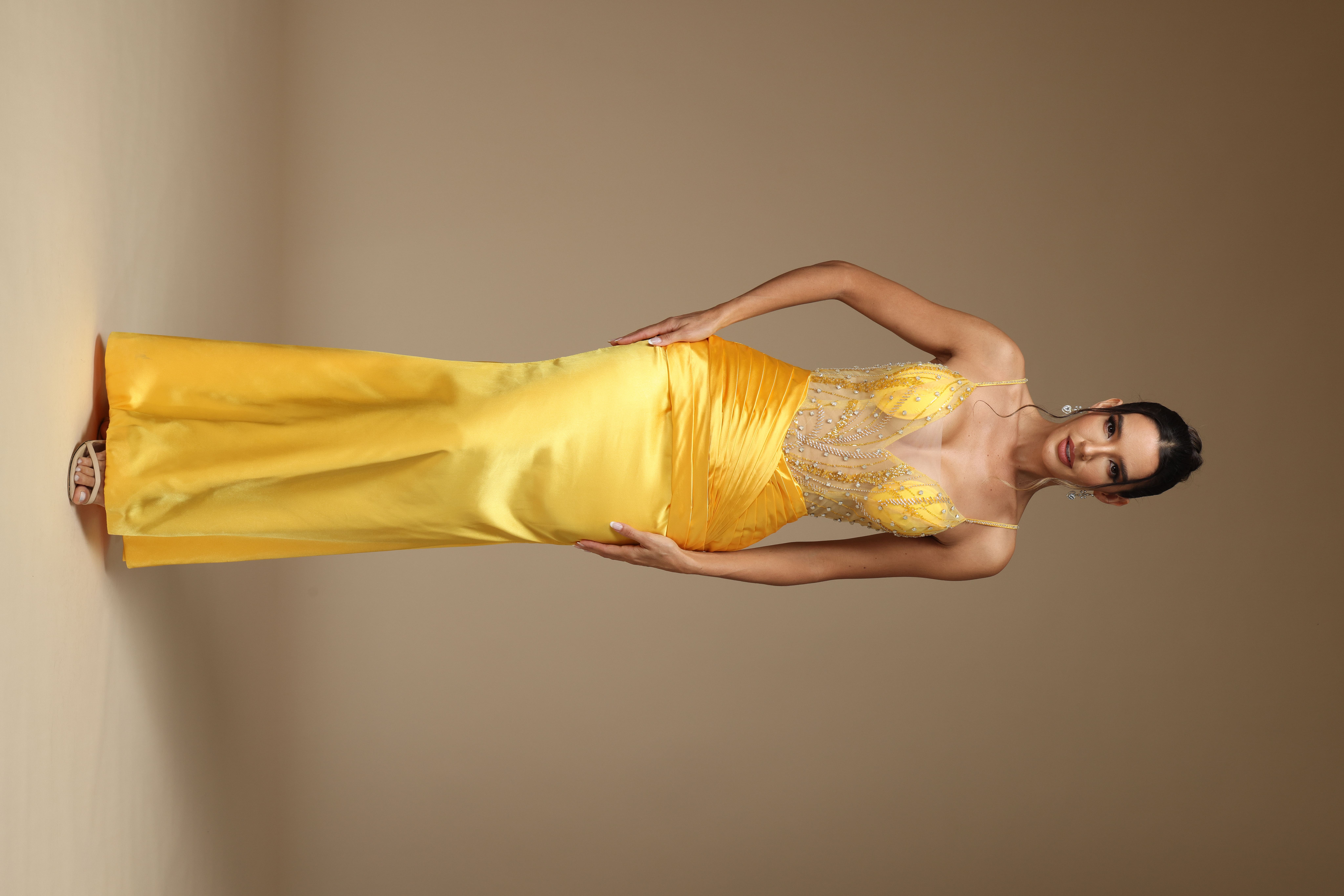 Ovlias Yellow Spaghetti Straps V-Neck Prom Dress Long Pleated Beades Sequins