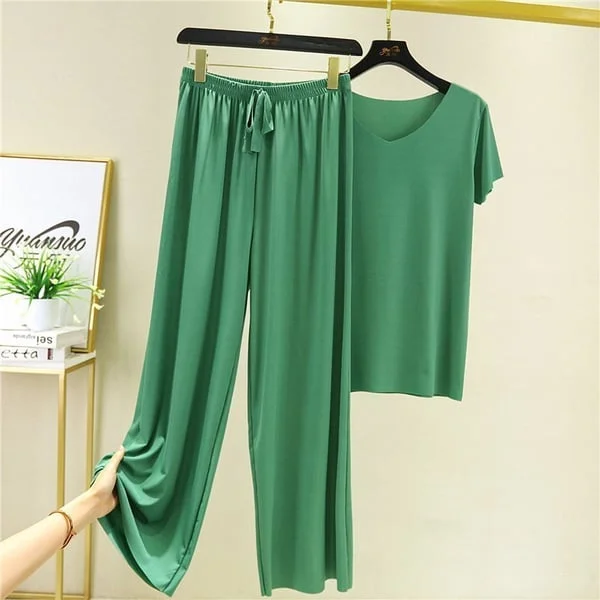 Soft comfortable Ice Silk Short Sleeve T-Shirt Two Piece Set loose wide leg pants