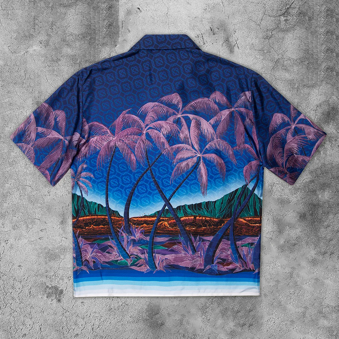 Fashion coconut tree print short-sleeved drape shirt