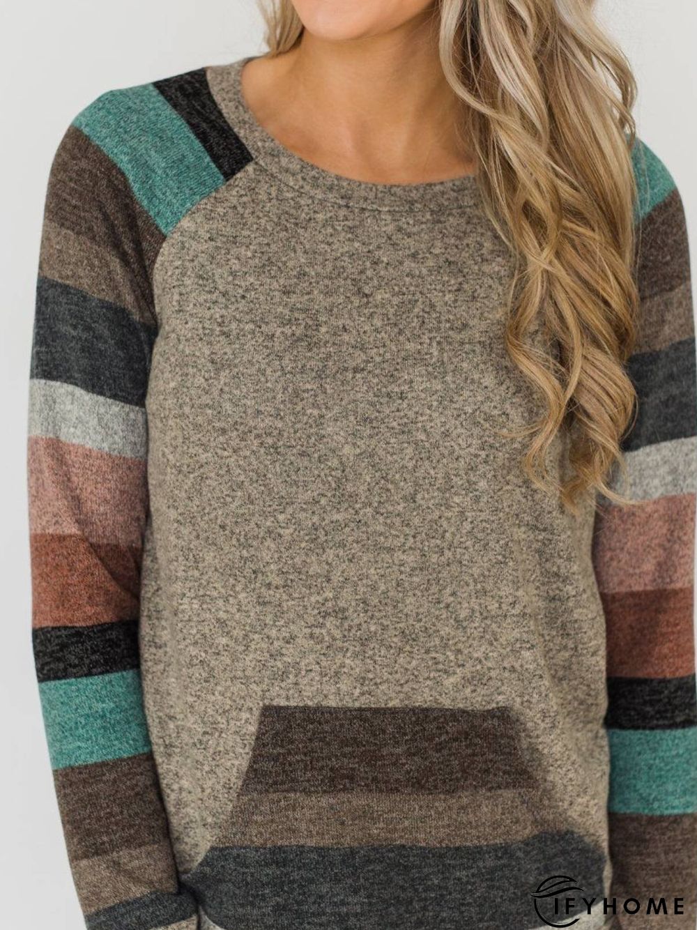 Fashion Floral-Print Stripes Crew Neck Casual Tunic Sweatshirt | IFYHOME